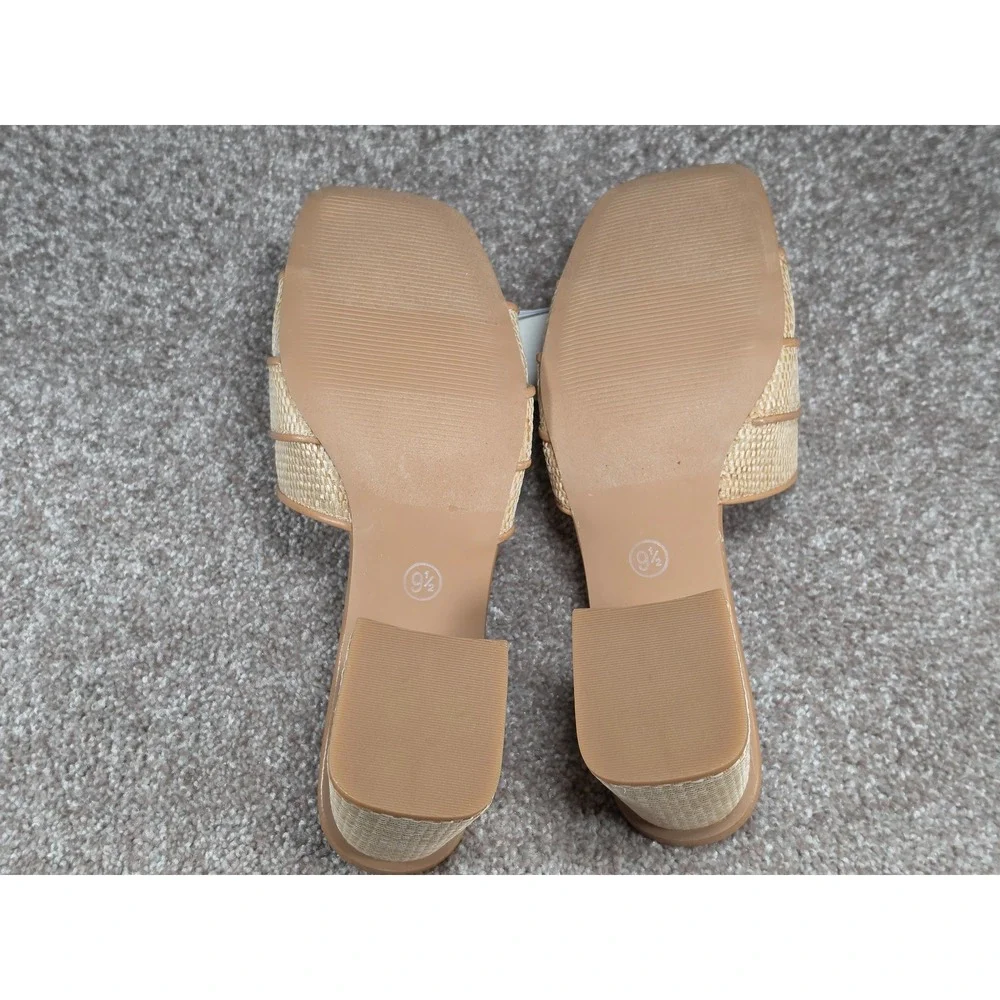 A New Day Kathleen Beige Raffia Crystal Buckle Block Heel Slide Sandals 9.5 NEW
